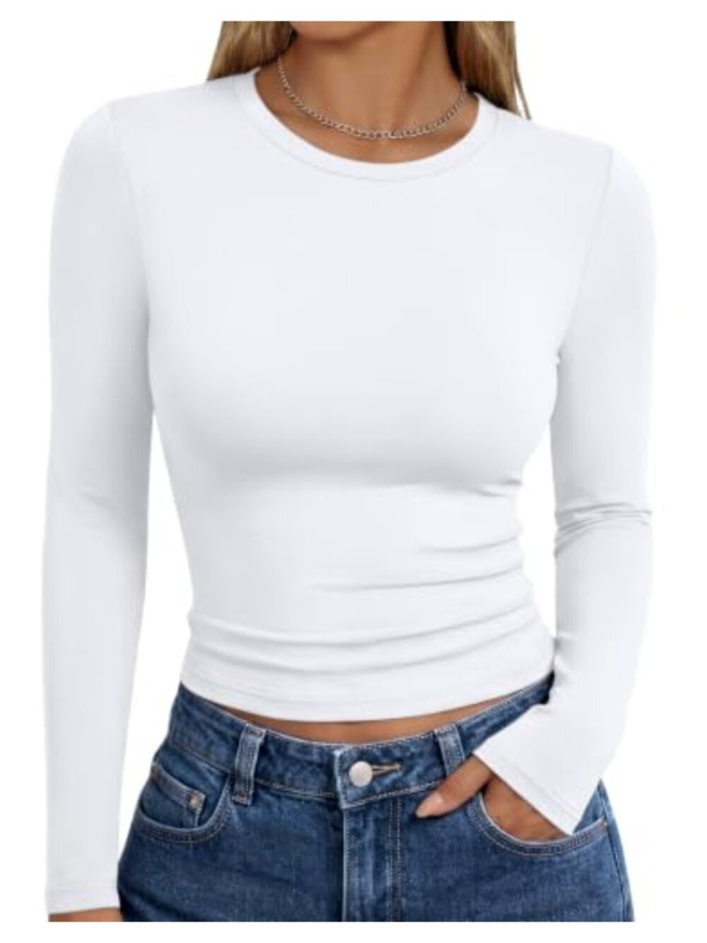 Womens Long Sleeve Crew Neck Crop Top Slim Fit Stretch Yoga Casual